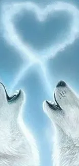 Two wolves howl, forming a heart-shaped cloud.