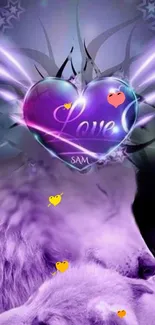 Purple-themed wolf love wallpaper with heart and mystical design.