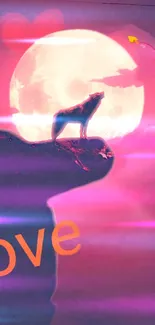 Romantic wolf silhouette in moonlight with love symbols.