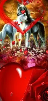 Romantic wolves with red hearts and roses on nature background.