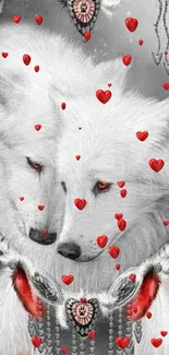 Romantic white wolves with red hearts.