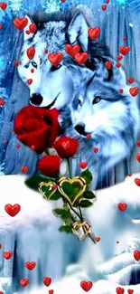 Romantic wolves with roses and hearts in an icy blue forest wallpaper.