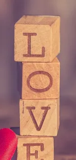 Wooden blocks spelling 'LOVE' with a red heart on a brown background.