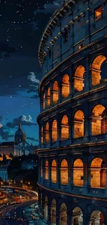 Digital artwork of Rome's Colosseum at night with starry sky.