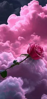 Single rose with pink clouds in dreamy scene.