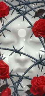 Mobile wallpaper with red roses and barbed wire surrounding a mystical face.