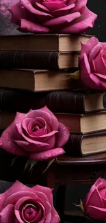 Pink roses with vintage books in artistic style.