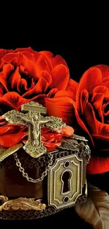 Mobile wallpaper with red roses and ornate box on black background.