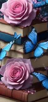 Artistic wallpaper with roses, books, and butterflies.