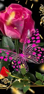 Pink rose and butterfly with gold accents mobile wallpaper.