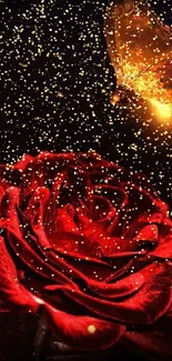 Enchanting fantasy wallpaper with red rose and glowing butterfly.