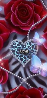 Romantic wallpaper with roses, butterflies, heart, and 'LOVE' text.