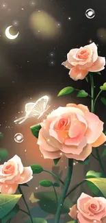 Moonlit night with roses and glowing butterfly on phone wallpaper.