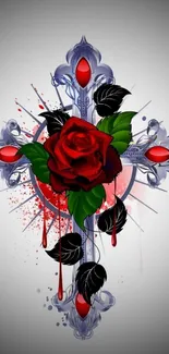 Mobile wallpaper with red rose and gothic cross on grey background.