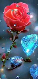 A vibrant red rose with sparkling blue diamonds.