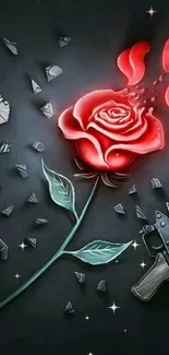 Dark themed wallpaper with a red rose and gun.