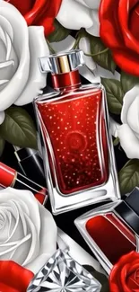 Red and white roses with luxury perfume bottle.