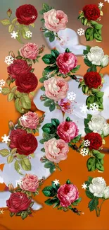 Floral wallpaper with roses and snowflakes on an orange background.