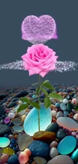 Pink rose with glowing heart and colorful stones wallpaper.