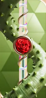 Artistic wallpaper with rose and thorns on a geometric background.