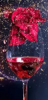 Red rose in wine glass with sparkles on a dark background.