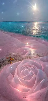 Moonlit beach scene with rose-shaped sand.