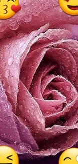 Pink rose wallpaper with fun emojis and water droplets.