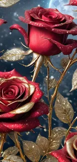 Red roses with gold leaves on a dark background.