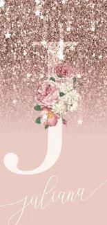 Rose gold monogram wallpaper with floral design.