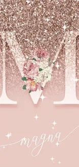 Rose gold floral monogram wallpaper with glitter effect and letter M.