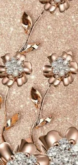 Rose gold floral phone wallpaper with crystal accents and elegant design.