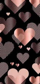 Rose gold heart pattern wallpaper on black background.