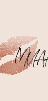 Elegant rose gold lips with 'Muah' text on a champagne background.