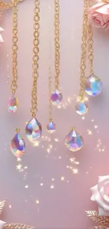 Rose gold wallpaper with hanging gems and roses