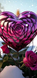 Heart-shaped pink rose amid winter snow scene.