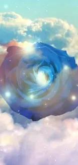 Luminous blue rose floating amidst colorful, dreamy clouds.