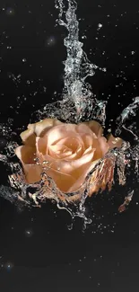 Elegant rose encapsulated in cascading water on a dark background.