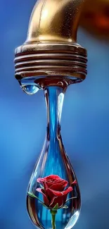 Water droplet with red rose art on blue background.