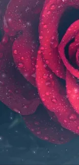 Close-up of detailed red rose petals with dewdrops for a phone wallpaper.