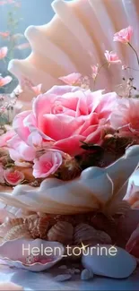 Pink roses in a seashell surrounded by delicate flowers.