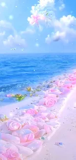 Peaceful beach with pink roses under a bright sky.