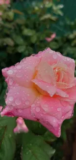 Close-up of pink rose with dew drops on petals, perfect for a serene wallpaper.