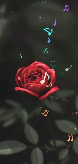 A red rose with colorful musical notes floating above.