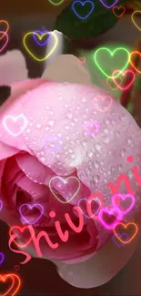 Mobile wallpaper of pink rose with neon hearts and personalized name.