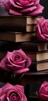 Wallpaper featuring pink roses on stacked vintage books.