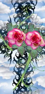 Wallpapers featuring pink roses and clouds with artistic patterns.