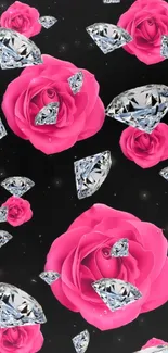 Elegant wallpaper with pink roses and diamonds on black background.