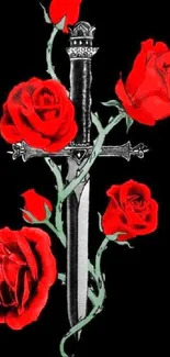 Wallpaper of red roses intertwining a silver sword on a black background.