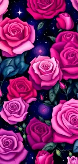 Vibrant pink roses with a cosmic galaxy background.