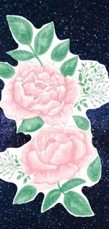 Pink roses with green leaves on a starry night background.